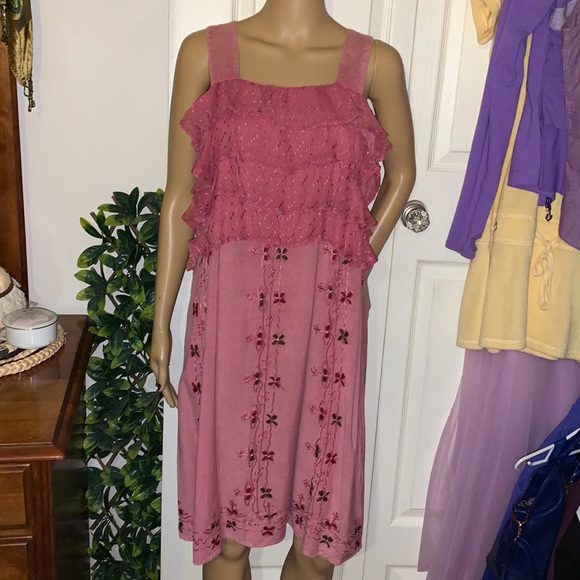 Dusty rose embroidered ruffles boho hippie sundress dress M as is - Picture 5 of 14